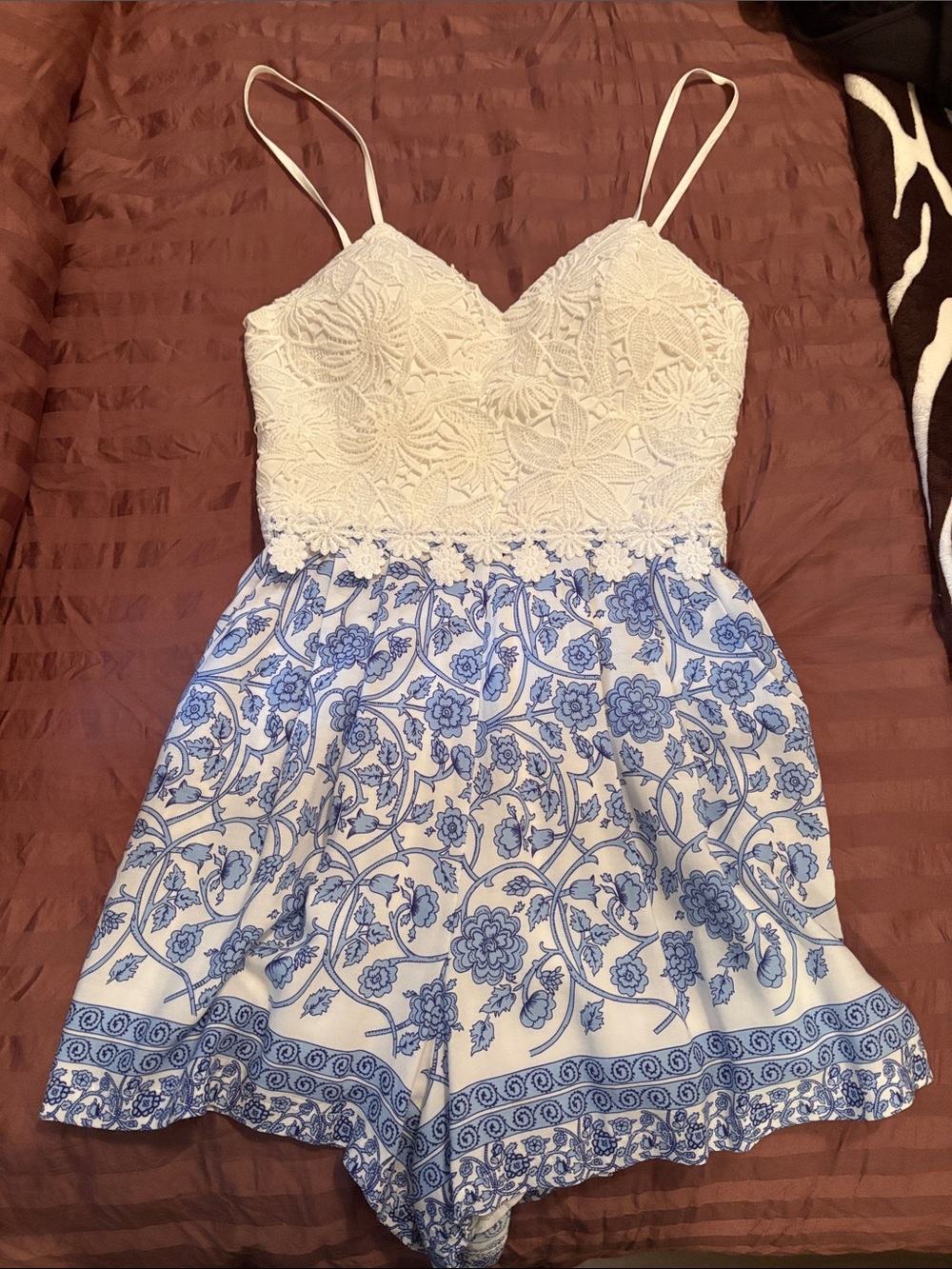 White Lace & Blue Floral Romper
